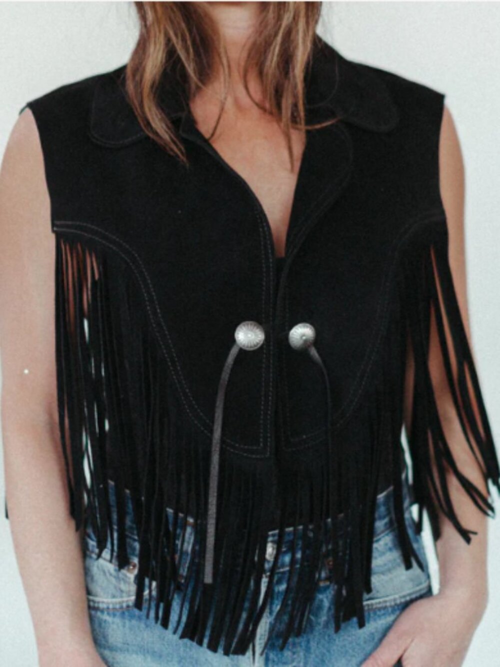 Black Suede Fringe Collar Vest- One Size